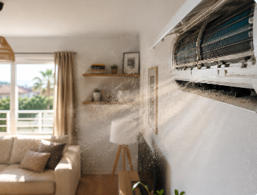 Aire acondicionado expulsando polvo y suciedad en una vivienda